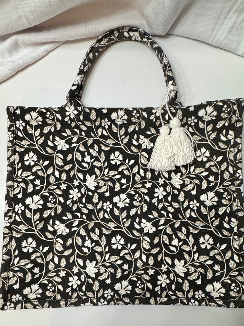Floral Black-Brown Tote Bag with Cream Tassel Accent